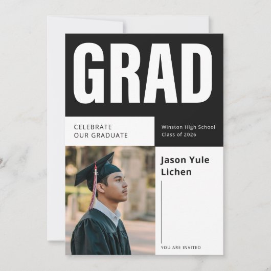 Elegant Grad Photo Black and White Graduation 招待状 (正面)