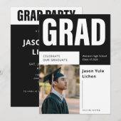 Elegant Grad Photo Black and White Graduation 招待状 (正面/裏面)