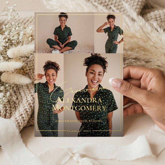 Elegant Grad Photo Collage Graduation Announcement 箔招待状