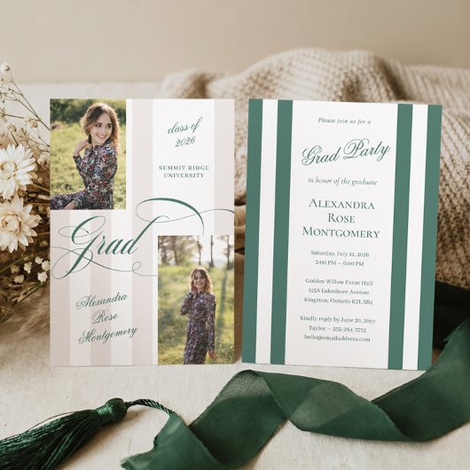 Elegant Grad Script French Stripe Photo Graduation 招待状