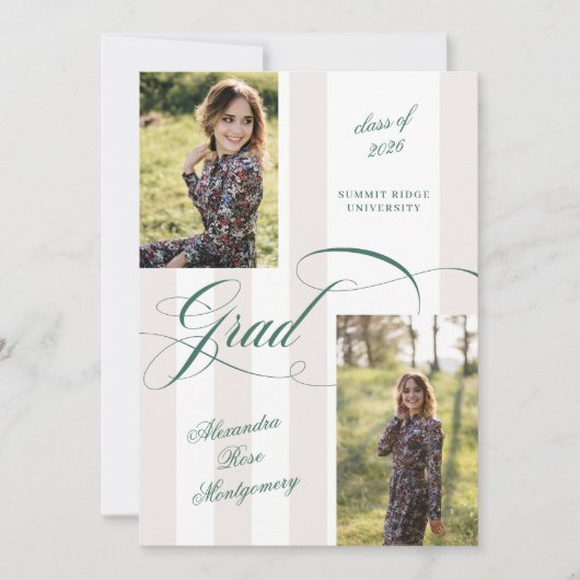Elegant Grad Script French Stripe Photo Graduation 招待状 (正面)