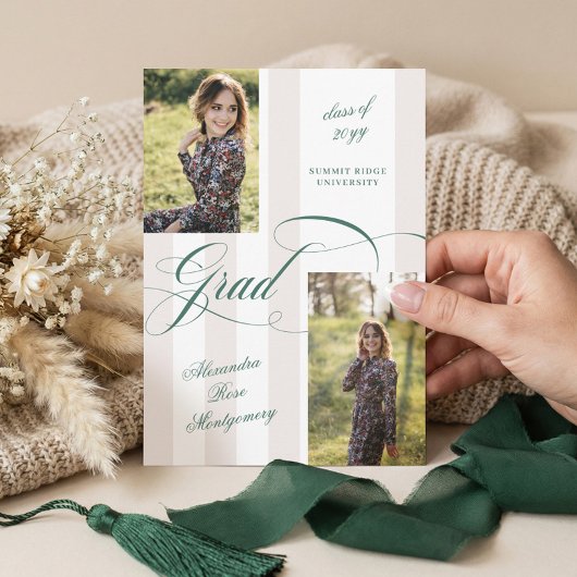 Elegant Grad Script French Stripe Photo Graduation 案内状