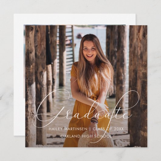 Elegant Graduate White Script Photo ノートカード (正面/裏面)