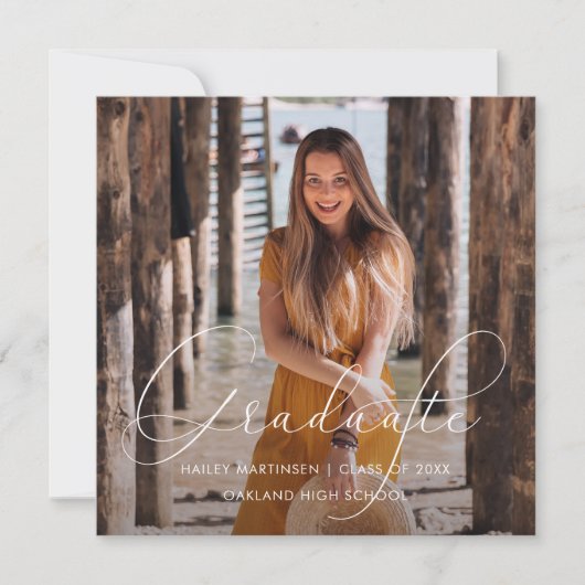 Elegant Graduate White Script Photo ノートカード (正面)
