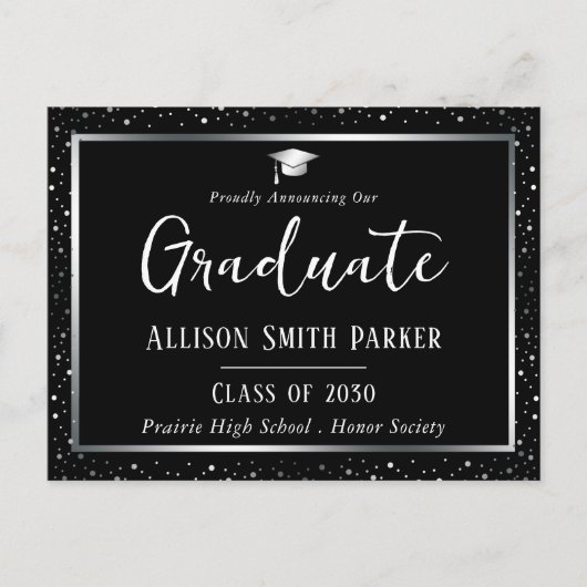 Elegant Graduation Announcement Black and Silver ポストカード (正面)