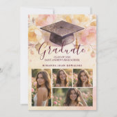 Elegant Graduation Cap 5-Photo Collage Floral 招待状 (正面)