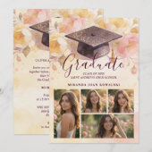 Elegant Graduation Cap 5-Photo Collage Floral 招待状 (正面/裏面)