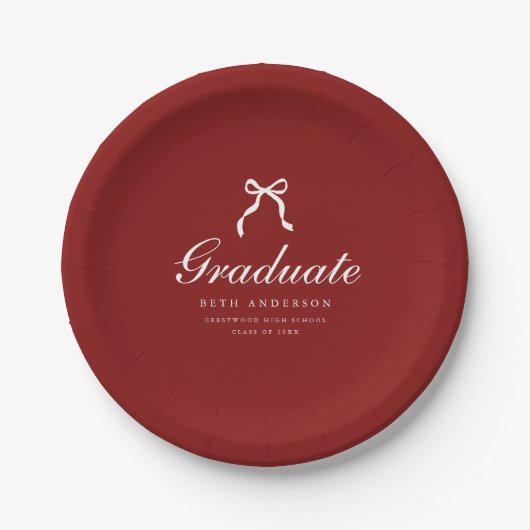 Elegant Graduation Party Wine Red Coquette Bow ペーパープレート (正面)