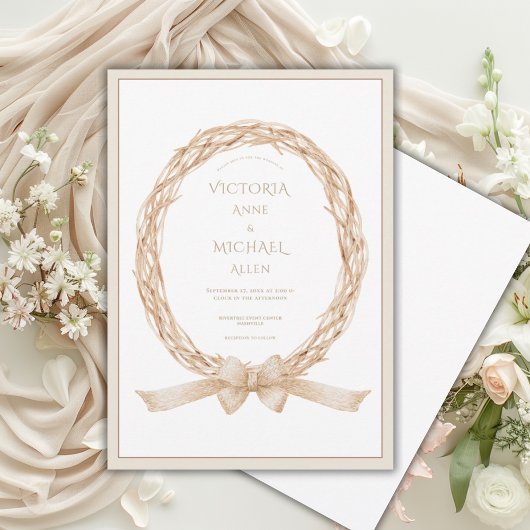 Elegant Grapevine Wreath Burlap Bow Wedding 招待状