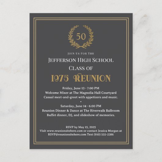 Elegant Gray 50 Year Class Reunion Laurel Wreath  ポストカード (正面)