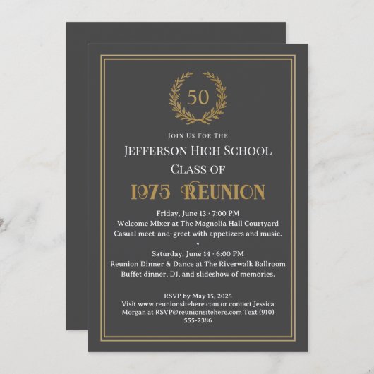 Elegant Gray 50 Year Class Reunion Laurel Wreath 招待状 (正面/裏面)