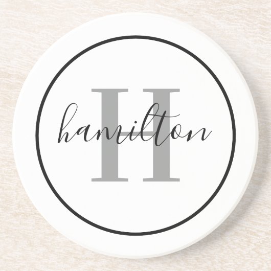Elegant Gray Black Round Custom Monogram Initial コースター (正面)