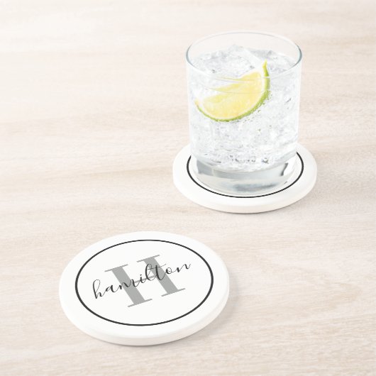 Elegant Gray Black Round Custom Monogram Initial コースター (側面)