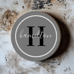 Elegant Gray Black Round Custom Monogram Initial コースター<br><div class="desc">Elegant round personalized beverage drink coaster design features a classic custom serif monogram initial in black with your last name / surname in modern white calligraphy script against a dark pewter gray background. A simple white circle frames the design. Color scheme can be customized to coordinate perfectly with your home...</div>
