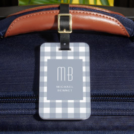 Elegant Gray Blue Gingham Monogram ラゲッジタグ