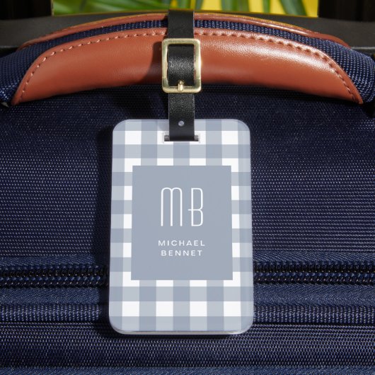 Elegant Gray Blue Gingham Monogram ラゲッジタグ (正面インサイチュ2)