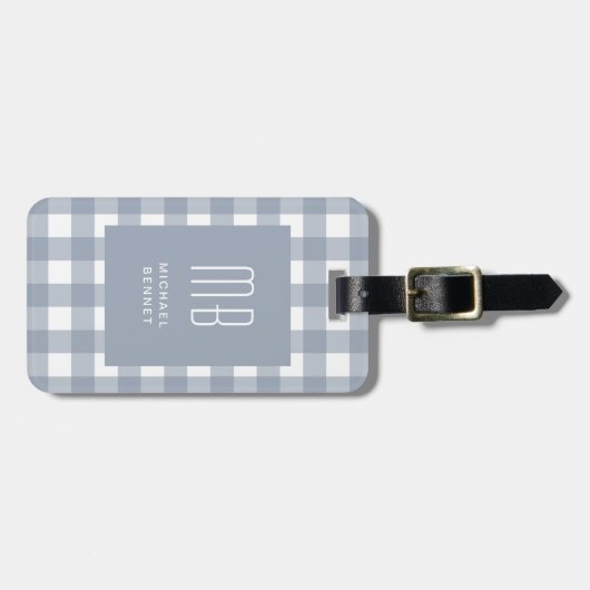 Elegant Gray Blue Gingham Monogram ラゲッジタグ (正面横)