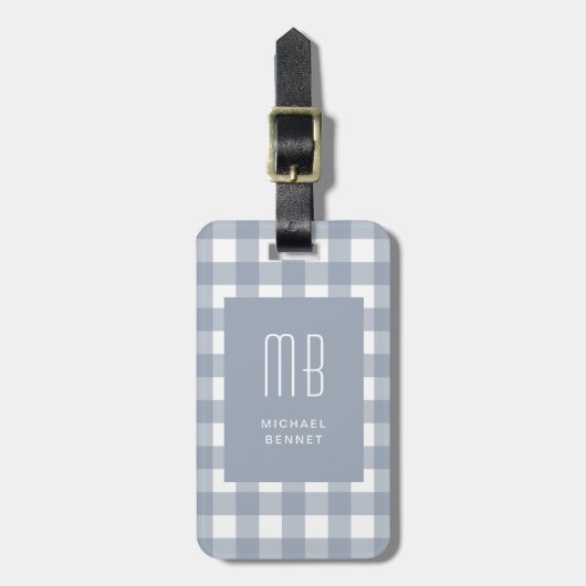 Elegant Gray Blue Gingham Monogram ラゲッジタグ (正面縦)