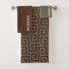 Elegant Gray &Brown Abstract Pattern Custom Name バスタオルセット