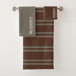 Elegant Gray &Brown Strips Pattern Custom Name バスタオルセット