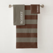 Elegant Gray &Brown Strips Pattern Custom Name バスタオルセット (インサイチュ)