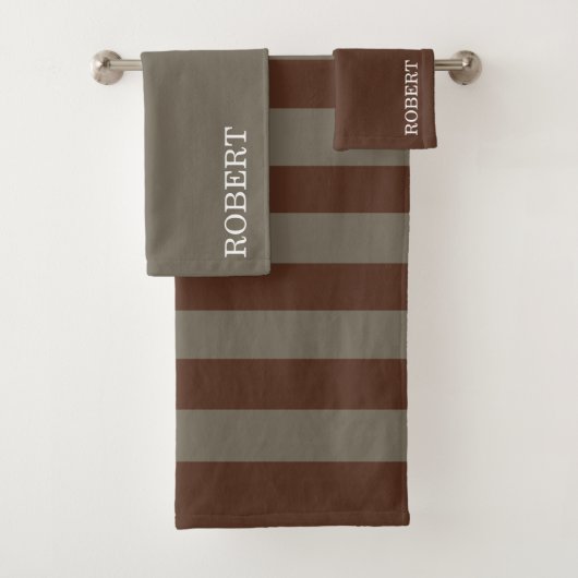 Elegant Gray &Brown Strips Pattern Custom Name バスタオルセット (インサイチュ)