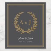 Elegant Gray Floral Crest Monogram Wedding ワインラベル (シングルラベル)