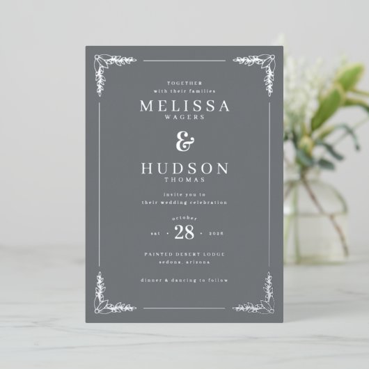 Elegant Gray Floral Wedding Invitation 箔招待状 (立ち正面)