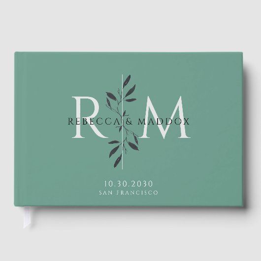 Elegant Gray Green Botanical Monogram Wedding ゲストブック (正面)