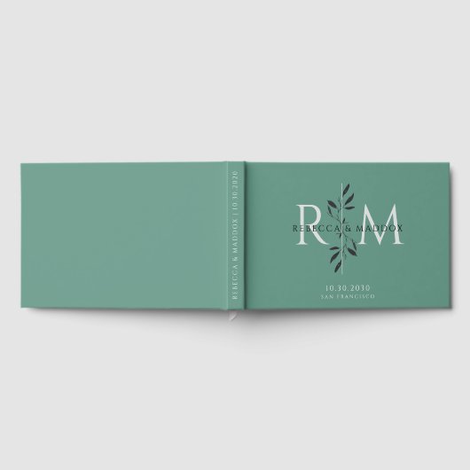 Elegant Gray Green Botanical Monogram Wedding ゲストブック (全面)