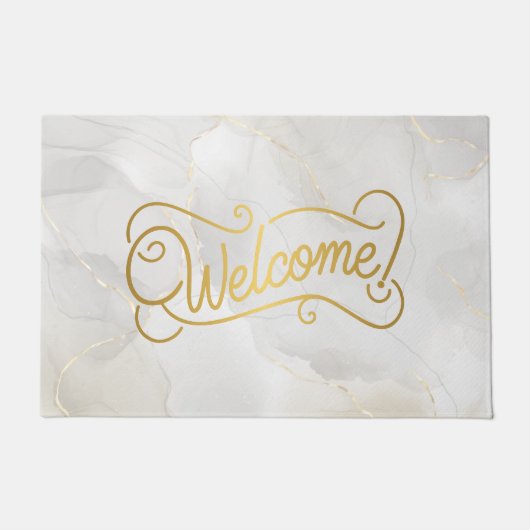 Elegant Gray Marble and Gold Script Welcome ドアマット (正面)