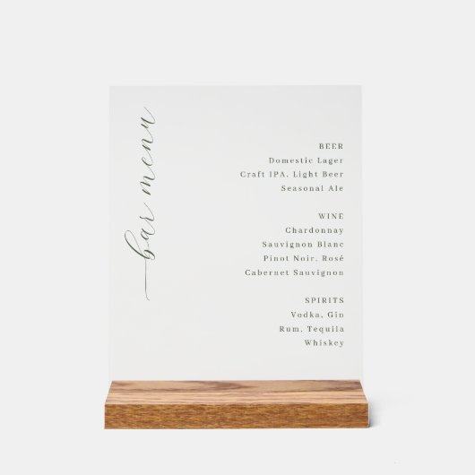 Elegant Gray Minimalist Bar Menu アクリルサイン (正面)