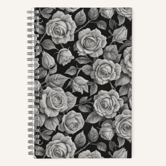 Elegant Gray Roses on Black Journal – Moody Floral ノートブック
