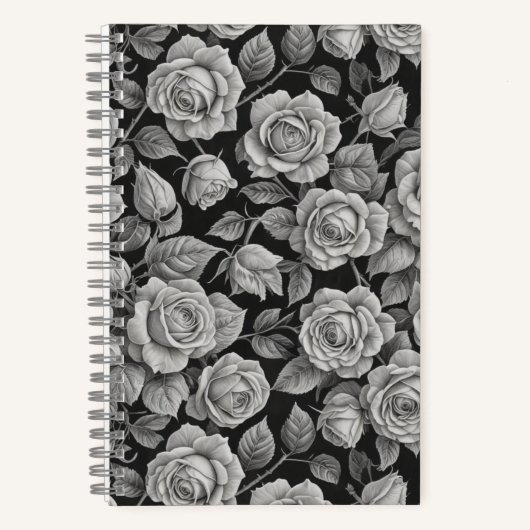Elegant Gray Roses on Black Journal – Moody Floral ノートブック (正面)
