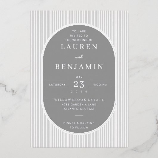 Elegant Gray Striped Wedding Invitation 箔招待状 (正面)