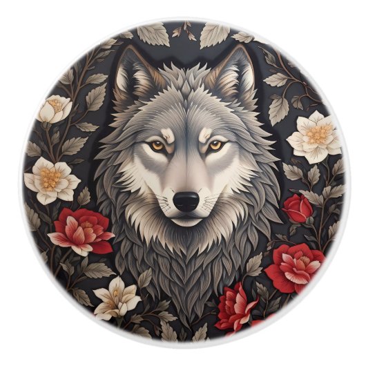 Elegant Gray Wolf Floral セラミックノブ (正面)