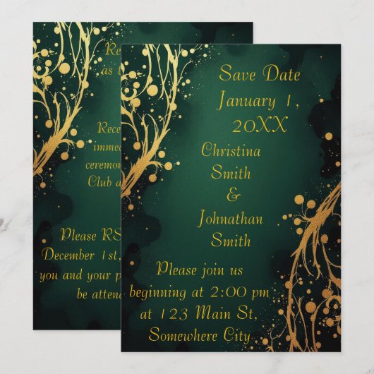 Elegant Green and Gold Design Wedding Invitation 招待状 (正面/裏面)