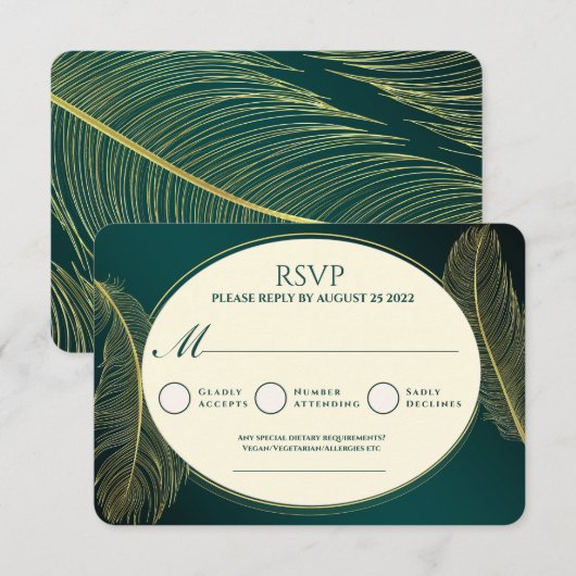 Elegant Green And Gold Feather RSVP Card (正面/裏面)