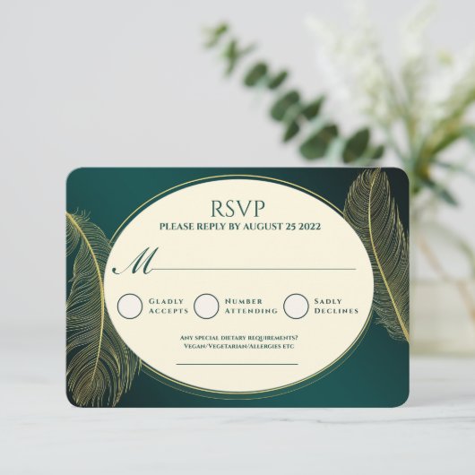 Elegant Green And Gold Feather RSVP Card (スタンド正面)