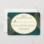 Elegant Green And Gold Feather RSVP Card (正面)