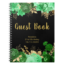 Elegant Green and Gold Flowers Birthday Guest Book ノートブック