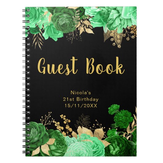 Elegant Green and Gold Flowers Birthday Guest Book ノートブック (正面)
