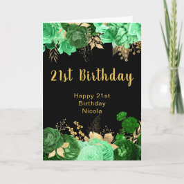 Elegant Green and Gold Flowers Birthday Party カード