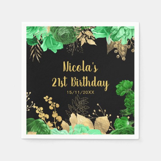 Elegant Green and Gold Flowers Birthday Party スタンダードカクテルナプキン (正面)