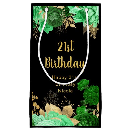 Elegant Green and Gold Flowers Birthday Party スモールペーパーバッグ (正面)