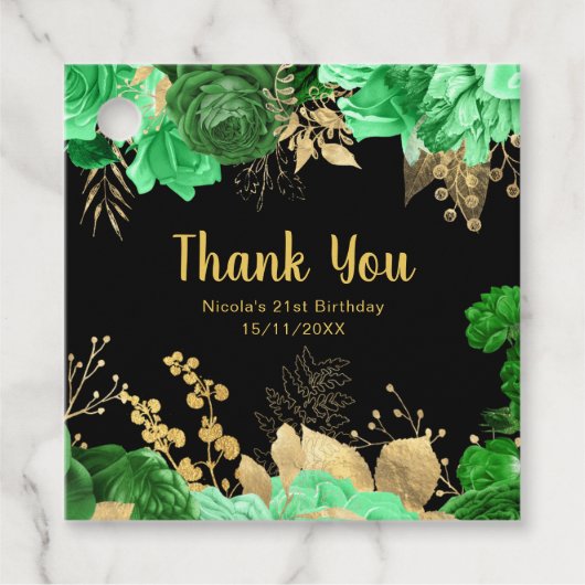 Elegant Green and Gold Flowers Birthday Party  フェイバータグ (正面)