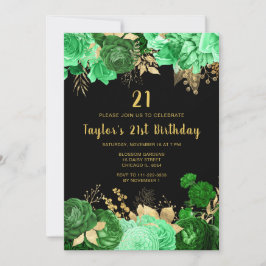 Elegant Green and Gold Flowers Birthday Party 招待状