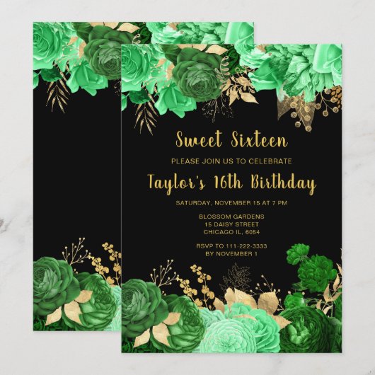 Elegant Green and Gold Flowers Sweet Sixteen 招待状 (正面/裏面)
