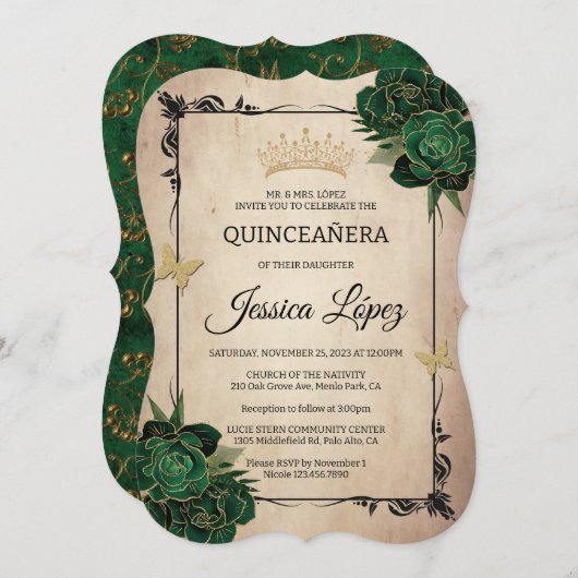 Elegant Green and Gold Quinceañera Rustic Birthday 招待状 (正面/裏面)