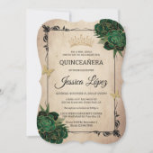 Elegant Green and Gold Quinceañera Rustic Birthday 招待状 (正面)